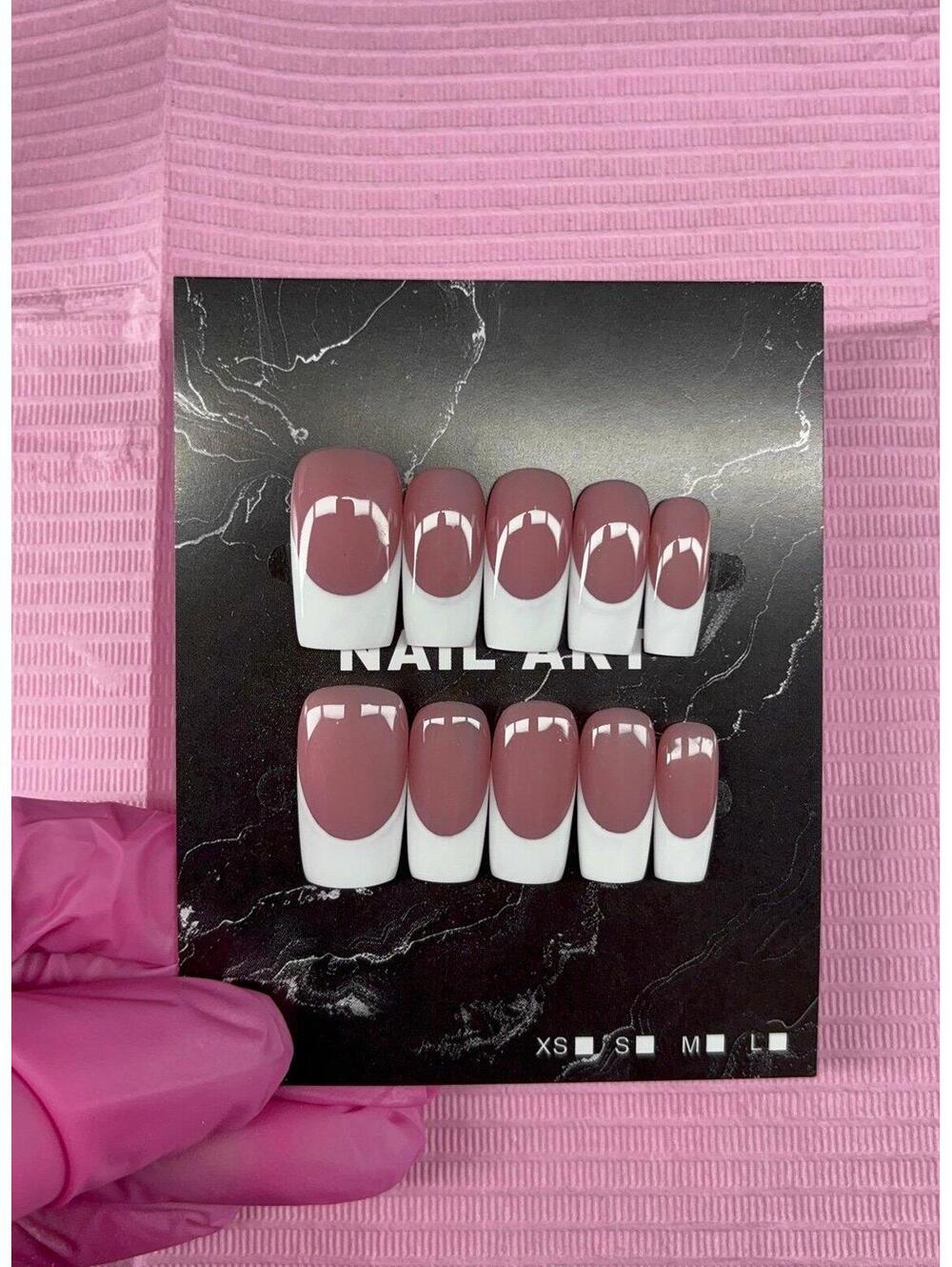 Medium square Press on nails white French tips nude gel